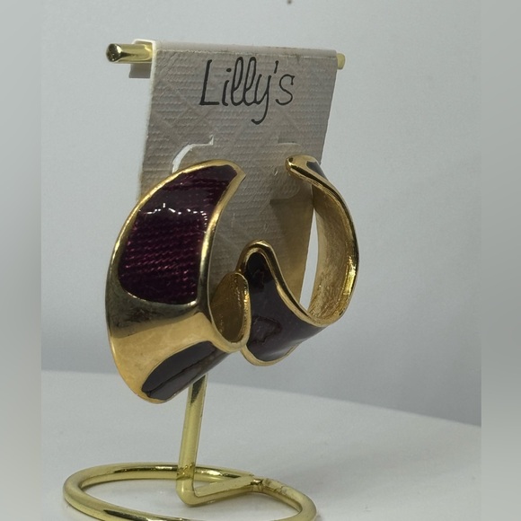 Vintage Unique Gold and Burgundy  Crescent Hoop Earrings NWT - Picture 4 of 9